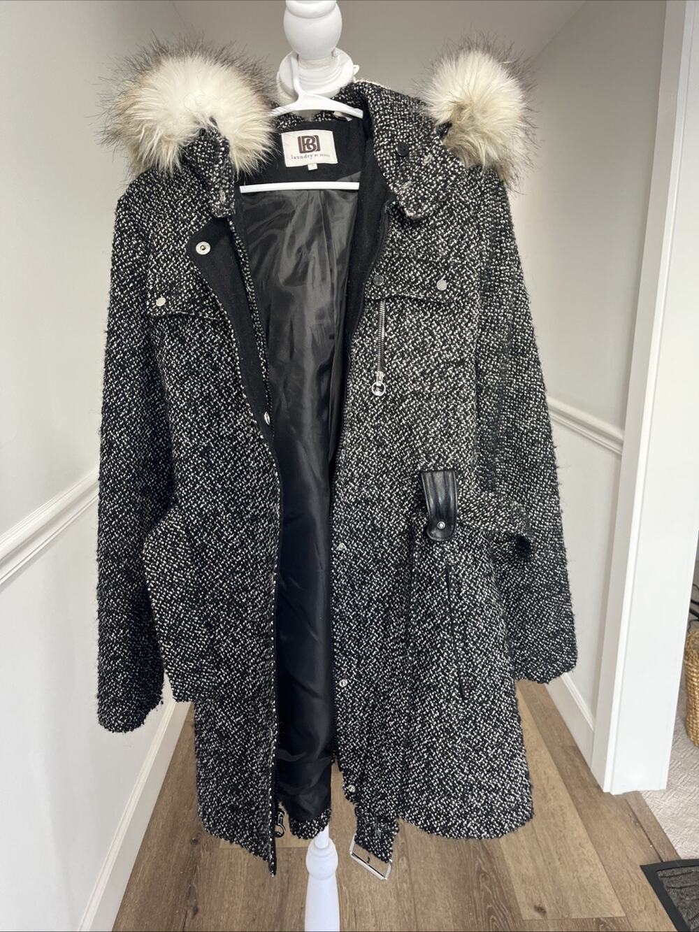 LAUNDRY by Design Womens Sz S Faux Fur Hooded Black Long Warm Winter Coat Tweed